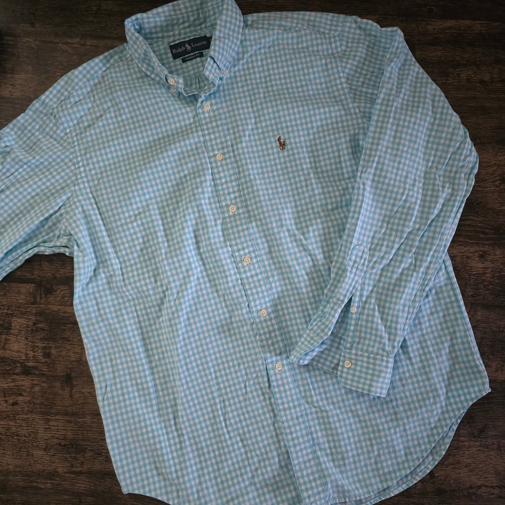 POLO‎ RALPH LAUREN Button Down Shirt Mens XL Blue Gingham Classic Fit Long Slv